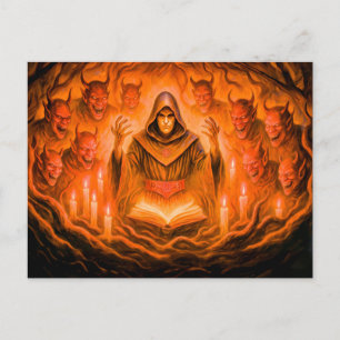 Cartão Postal De Festividades Mago invocador de demônios em pintura a óleo