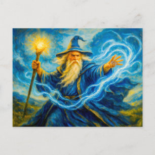 Cartão Postal De Festividades Mago que empunha luz em arte fantástica a óleo