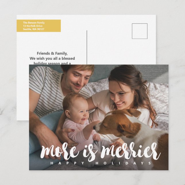 Cartão Postal De Festividades Mais é a Merrier Holiday Photo (Frente/Verso)