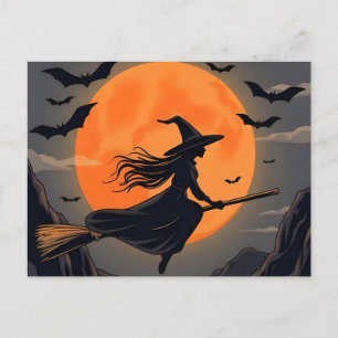 Cartão Postal De Festividades Maldita Bruxa Laranja-de-lua-fantasma voando