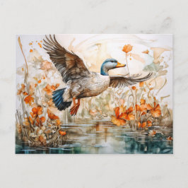 Cartão Postal De Festividades Mallard voando sobre a lagoa com flores