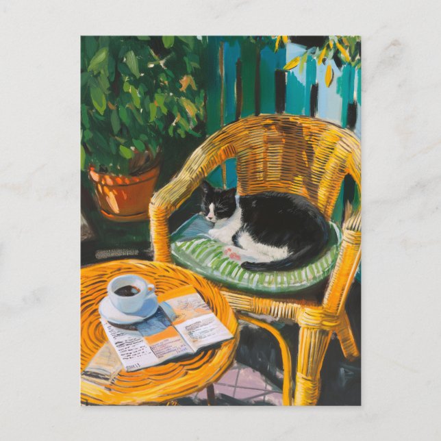 Cartão Postal De Festividades Manhã de Domingo Preguiçosa | Pintura para gatos e (Frente)