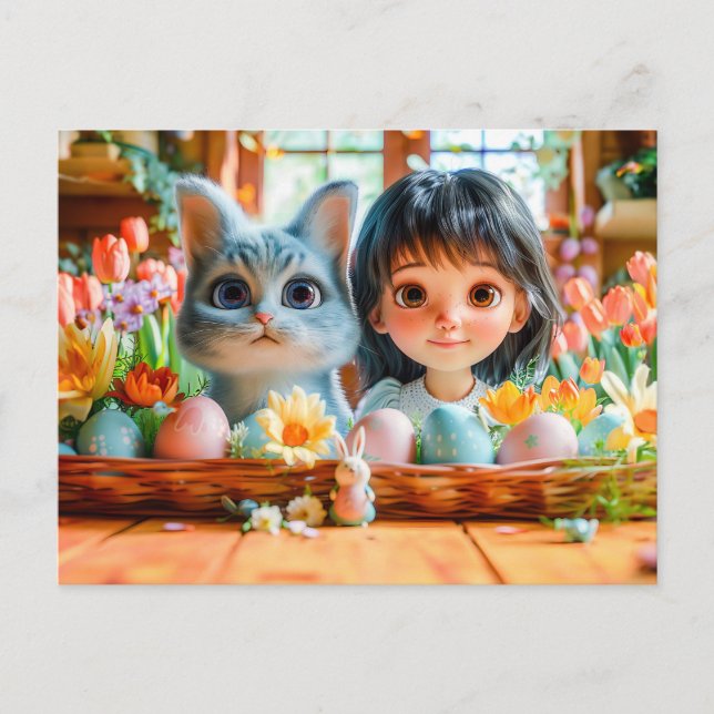 Cartão Postal De Festividades Manhã de Páscoa com Tulipas e Gato (Frente)