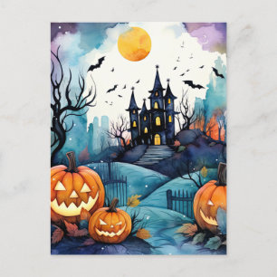 Cartão Postal De Festividades Mansão Assombrada Jack O’Lantern Morcegos Hallowee