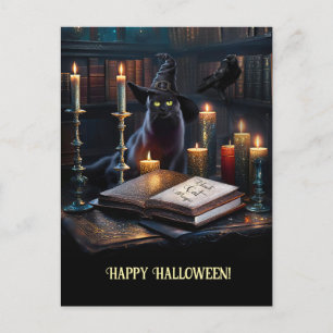Cartão Postal De Festividades Manuais de Gatos Mágicos das Halloween Raven
