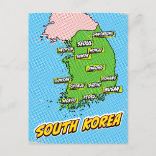 Cartão Postal De Festividades Mapa da Coreia do Sul ilustrado em Pop Art