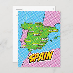 Cartão Postal De Festividades Mapa de Espanhas Ilustrado de pop Art