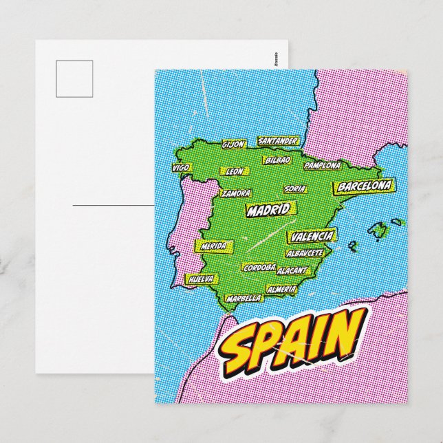 Cartão Postal De Festividades Mapa de Espanhas Ilustrado de pop Art (Frente/Verso)