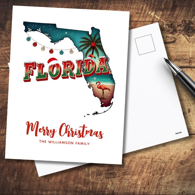 Cartão Postal De Festividades Mapa de Natal do Estado da Flórida (Personalize greeting and Family name,  reverse is blank for handwritten message)