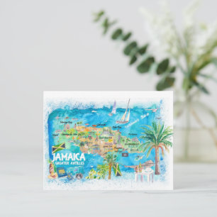 Cartão Postal De Festividades Mapa de Viagem com Estradas Ilustrado da Jamaica