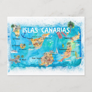Cartão Postal De Festividades Mapa de Viagem das Ilhas Canárias Ilustrado
