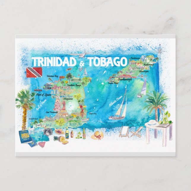 Cartão Postal De Festividades Mapa de Viagens Ilustrado das Antilhas de Trinidad (Frente)