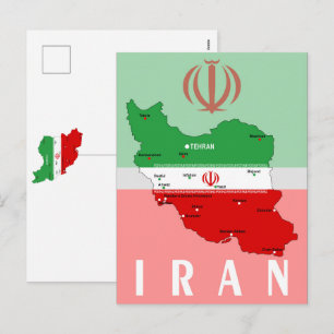 Cartão Postal De Festividades Mapa do Irã com Bandeira e Emblema