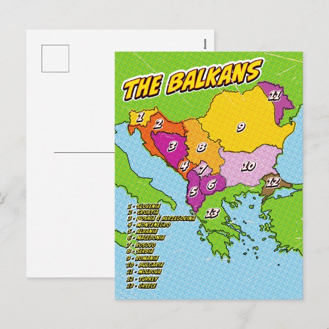 Cartão Postal De Festividades Mapa dos Balcãs Ilustrados com pop Art (Frente/Verso)