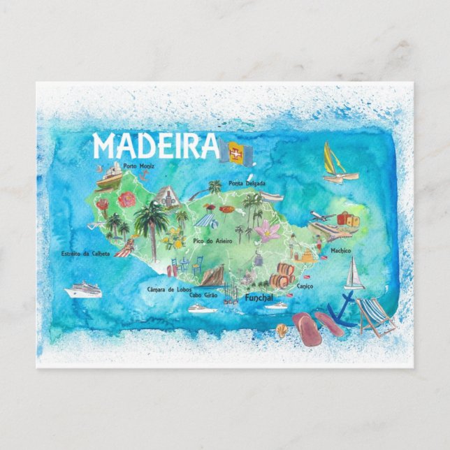 Cartão Postal De Festividades Mapa Ilustrado da Ilha Madeira Portugal (Frente)