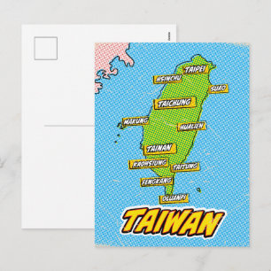 Cartão Postal De Festividades Mapa ilustrado de Taiwan em Pop Art