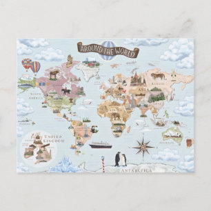 Cartão Postal De Festividades Mapa Mundial Ilustrado Antigo