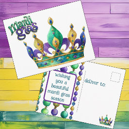 Cartão Postal De Festividades Mardi Gras Greeting with Crown and Beads