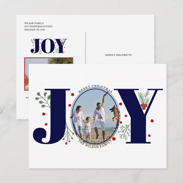Cartão Postal De Festividades Marinho azul Joy com bagas Foto de Natal (Frente/Verso)