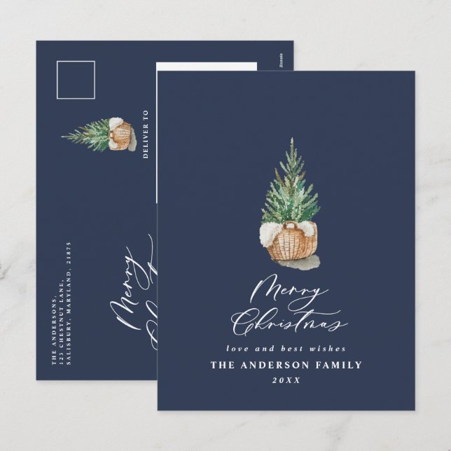 Cartão Postal De Festividades Marinho de cor aquosa mínima moderna - Natal (Frente/Verso)