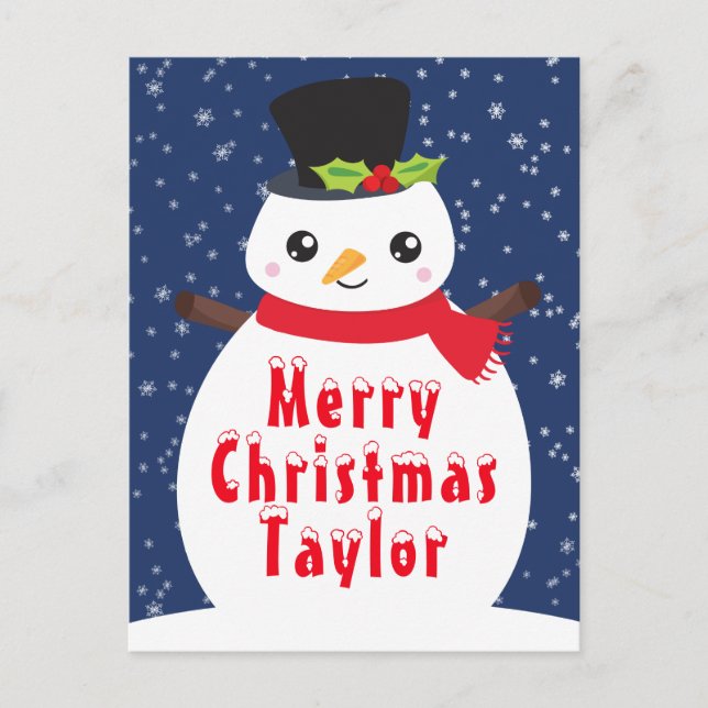 Cartão Postal De Festividades Marinho de inverno Snowman Azul Feriado de Natal M (Frente)