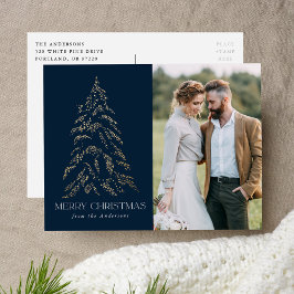 Cartão Postal De Festividades Marinho de pinheiro de inverno com alegria Foto de