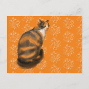 Cartão Postal De Festividades Marmalade cat com fundo floral