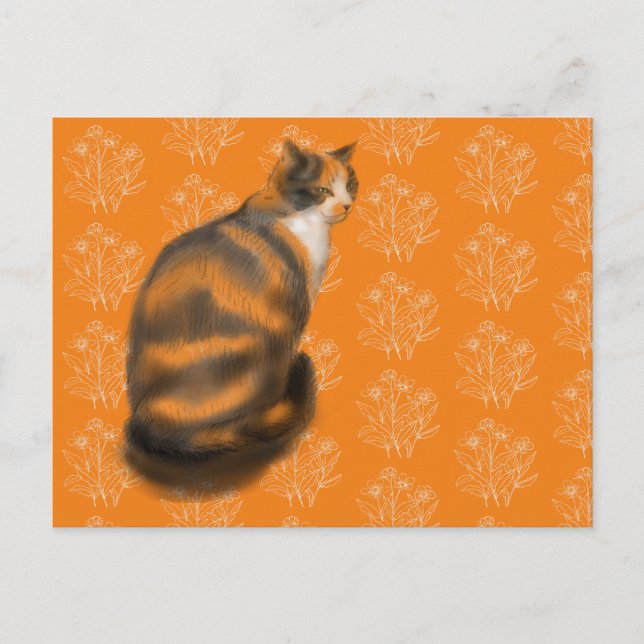 Cartão Postal De Festividades Marmalade cat com fundo floral (Frente)