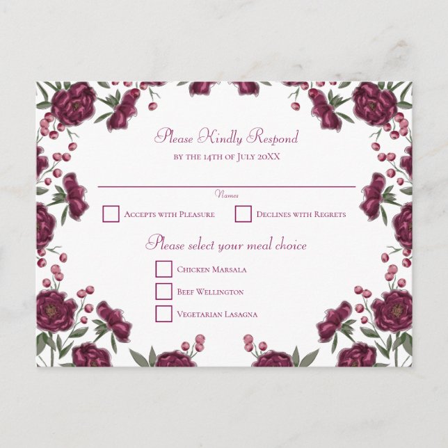 Cartão Postal De Festividades Maroon Rose Wedding RSVP (Frente)
