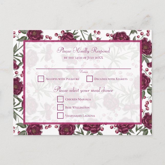 Cartão Postal De Festividades Maroon Rose Wedding RSVP (Frente)