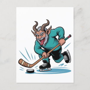 Cartão Postal De Festividades Mau Krampus Jogando Hóquei No Gelo