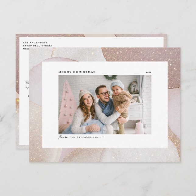 Cartão Postal De Festividades Mauve Tones e Glitter Acendem Foto de Natal (Frente/Verso)