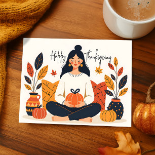 Cartão Postal De Festividades Meditação de outono de Cozy Mulher Pumpkin Ação de