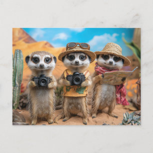 Cartão Postal De Festividades Meerkats vestidos como turistas com câmeras e mapa