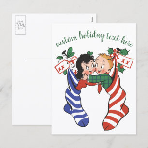 Cartão Postal De Festividades Meias de Natal Antigas com Crianças Fofas