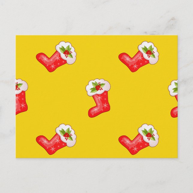 Cartão Postal De Festividades Meias de Natal Vermelho em Amarelo (Frente)