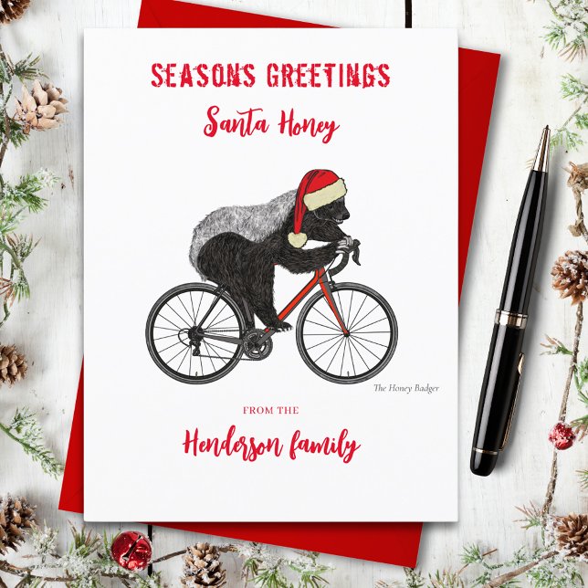 Cartão Postal De Festividades Melhor Presente de Natal Texugo Melado a Andar de  (Funny Santa honey badger on a bicycle custom holiday greetings postcard)