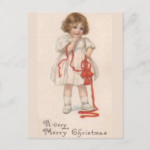 Cartão Postal De Festividades Menina Antiga Preciosa Com Laço de Natal
