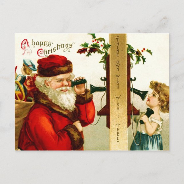 Cartão Postal De Festividades Menina ao telefone com Papai Noel (Frente)