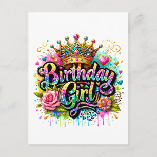 Cartão Postal De Festividades Menina Colorida de Aniversário Real