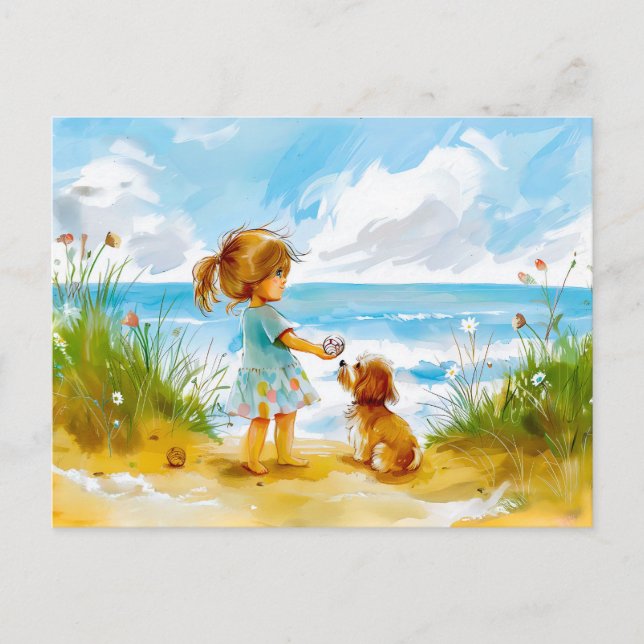 Cartão Postal De Festividades Menina com cachorro brincando na praia aquarela (Frente)