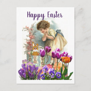 Cartão Postal De Festividades Menina da Páscoa Antiga com Flores de Tulipa