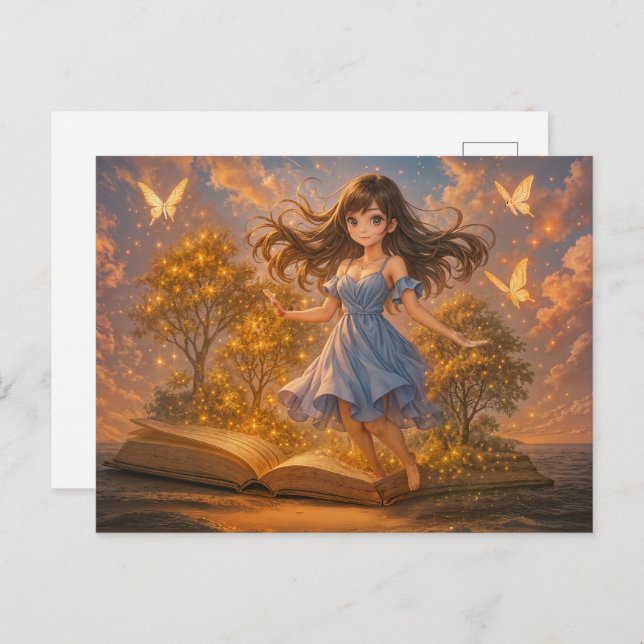 Cartão Postal De Festividades Menina de animação com poderes de livro mágico (Frente/Verso)