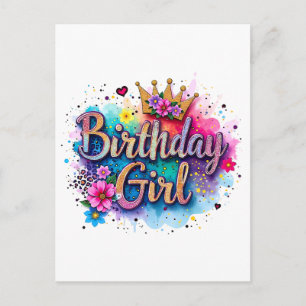 Cartão Postal De Festividades Menina de Aniversário Floral Arco-Íris