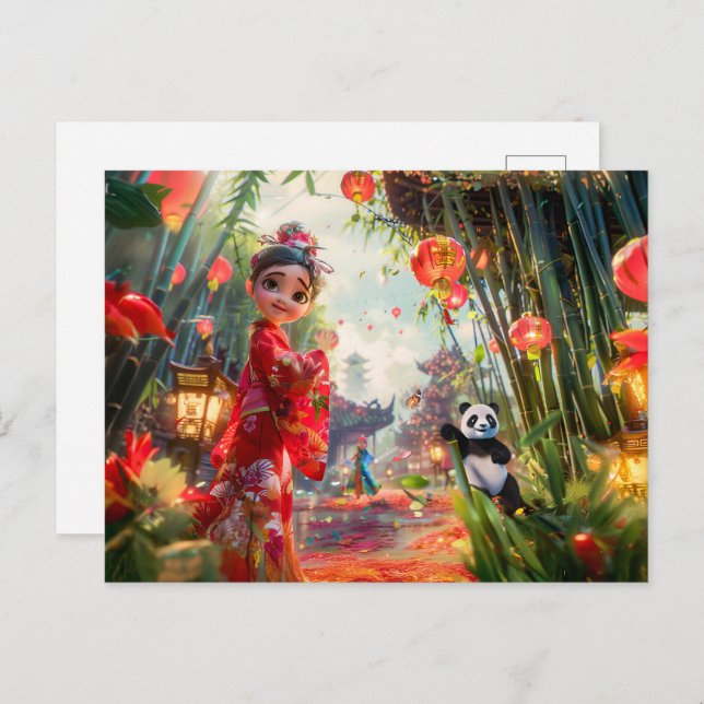 Cartão Postal De Festividades Menina de banda desenhada na Floresta de Bambu com (Frente/Verso)