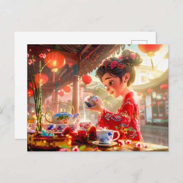 Cartão Postal De Festividades Menina de banda desenhada servindo chá em configur (Frente/Verso)