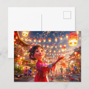 Cartão Postal De Festividades Menina de BD com Lanternas Celebrando Chinês Novo 