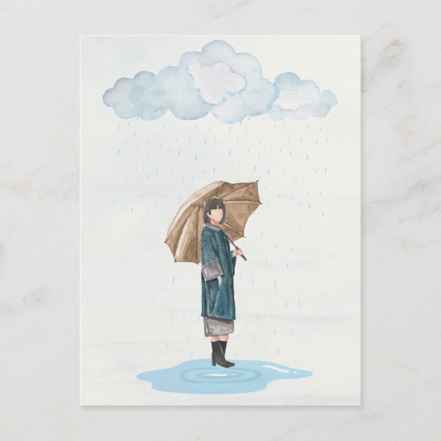 Cartão Postal De Festividades Menina de chuva com aquarela (Frente)
