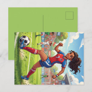 Cartão Postal De Festividades Menina de Desenho Animado Fofo Jogando Futebol