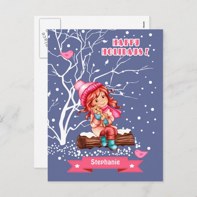 Cartão Postal De Festividades Menina e Gatinho | Nome personalizado Natal (Frente/Verso)